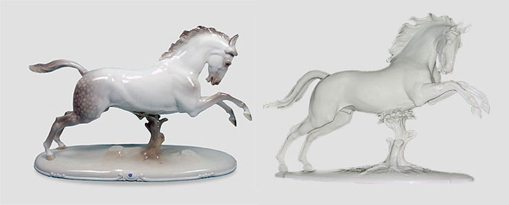 слева – Galoppierendes Araberpferd #532 [NYMPHENBURG]; справа – Pferd (springend) #74 [ALLACH]